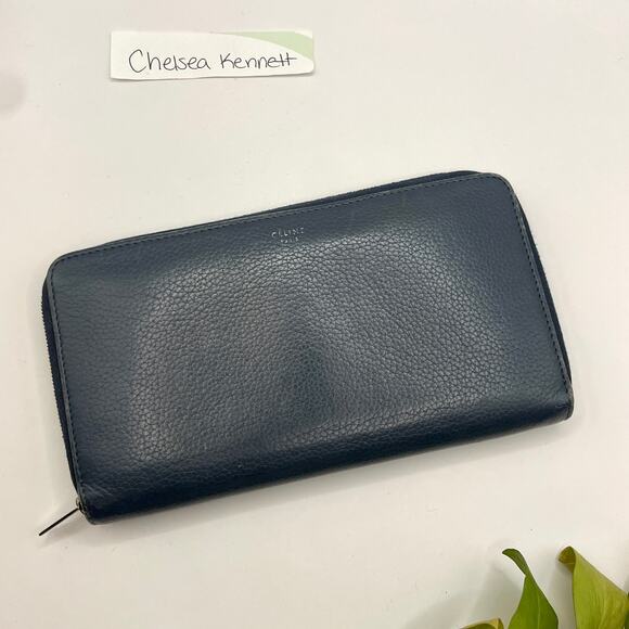 Celine Large Zip Around Wallet Multifuction Grained Calfskin Navy Blue - Picture 1 of 16